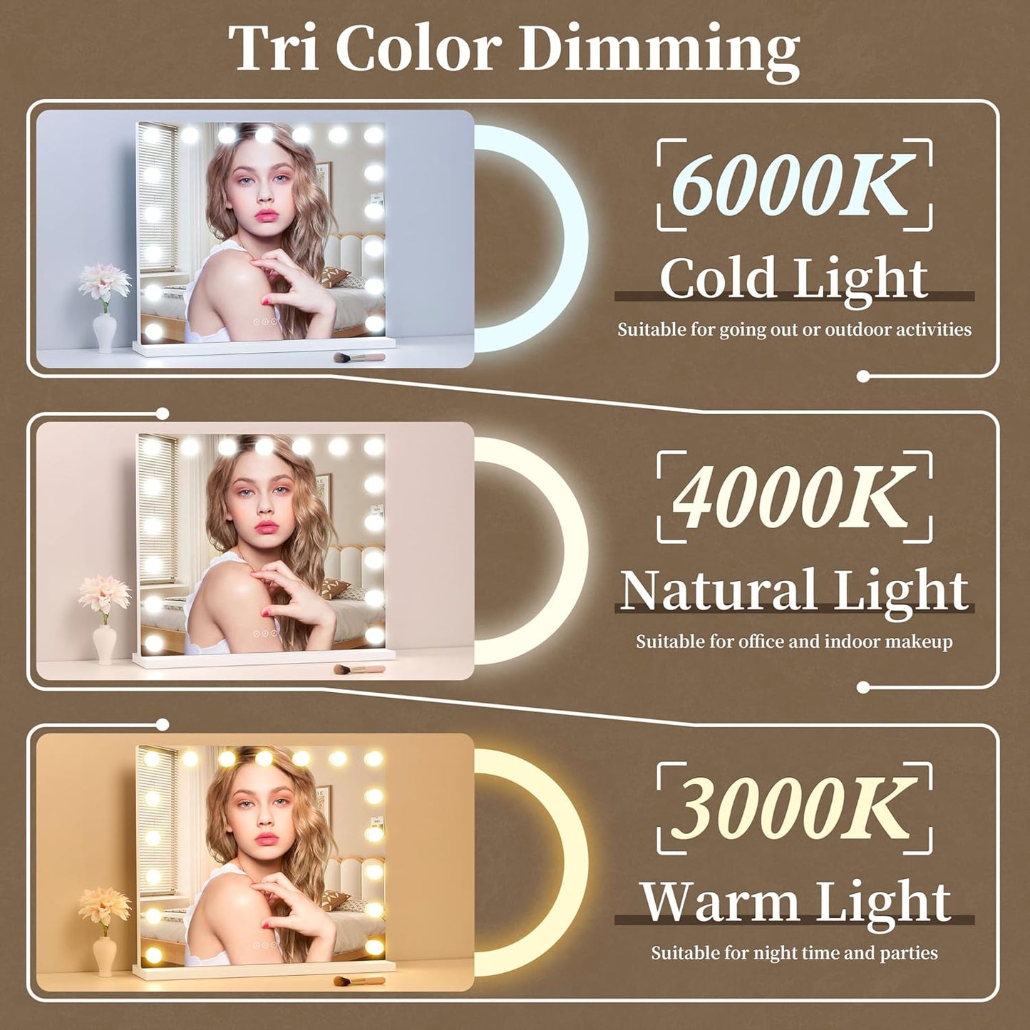 Vanity Mirror with Lights,Makeup Mirror with Lights with 17 Dimmable LED Bulbs, 3 Color Lighting Modes Detachable 10X Magnification Mirror Touch Control, 23.6X19,7 Inch, White