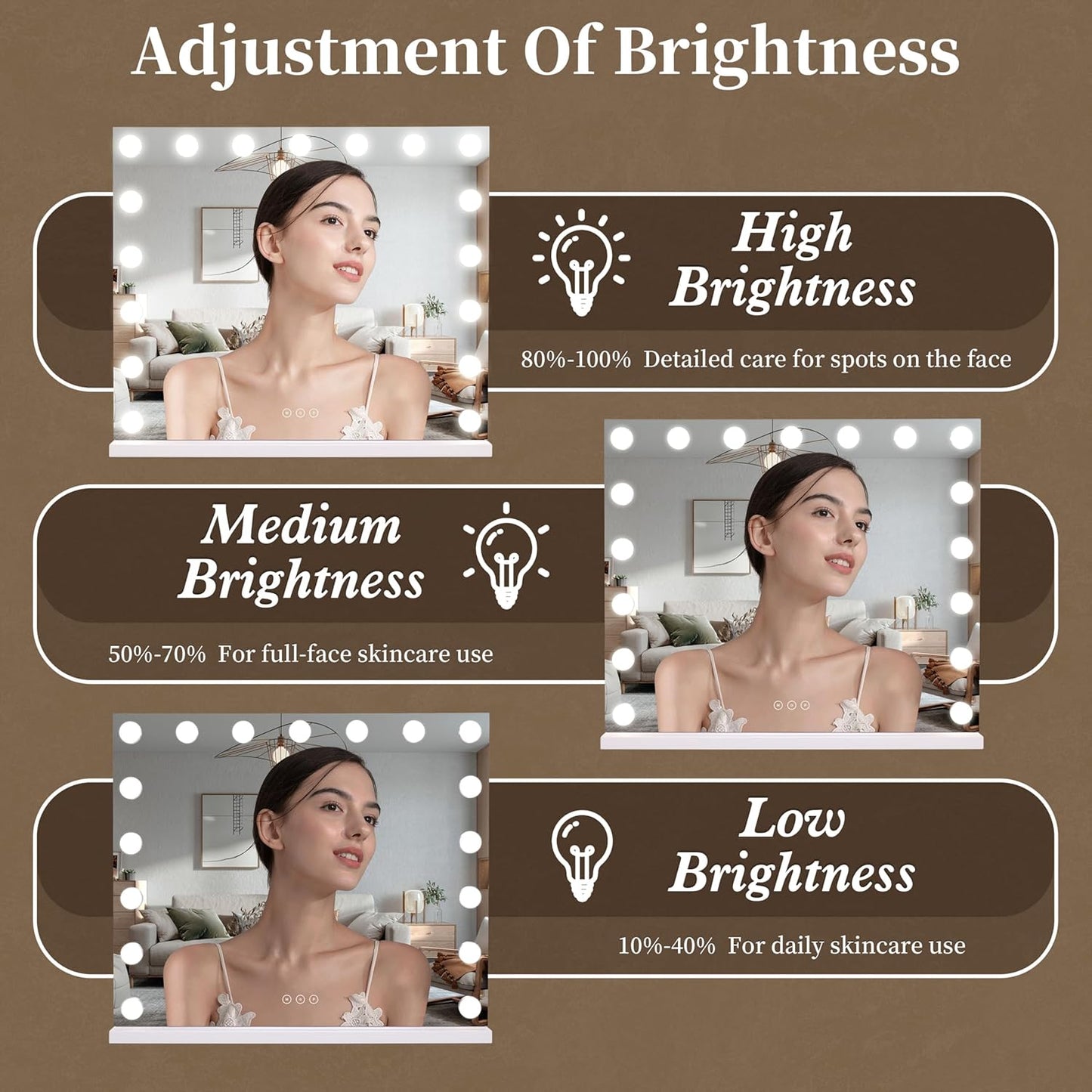 Vanity Mirror with Lights,Makeup Mirror with Lights with 17 Dimmable LED Bulbs, 3 Color Lighting Modes Detachable 10X Magnification Mirror Touch Control, 23.6X19,7 Inch, White