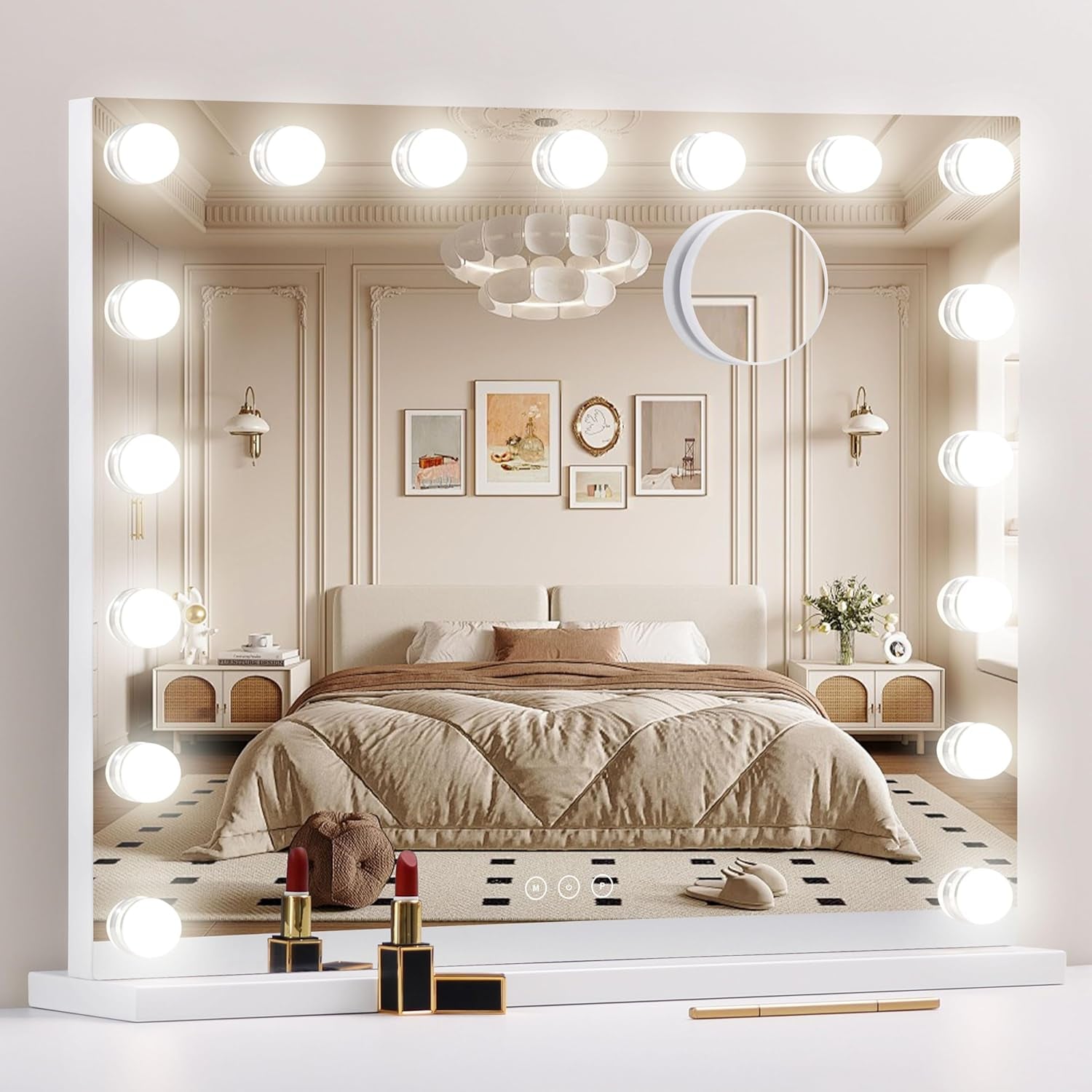 Vanity Mirror with Lights,Makeup Mirror with Lights with 17 Dimmable LED Bulbs, 3 Color Lighting Modes Detachable 10X Magnification Mirror Touch Control, 23.6X19,7 Inch, White