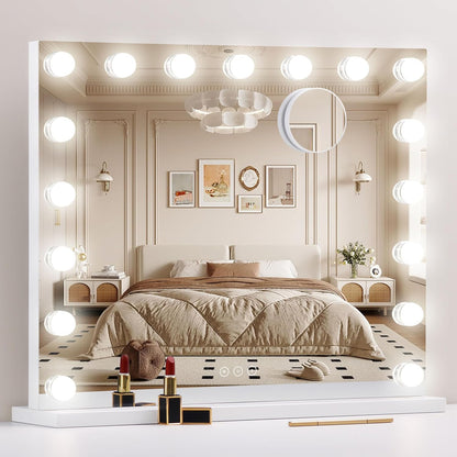 Vanity Mirror with Lights,Makeup Mirror with Lights with 17 Dimmable LED Bulbs, 3 Color Lighting Modes Detachable 10X Magnification Mirror Touch Control, 23.6X19,7 Inch, White