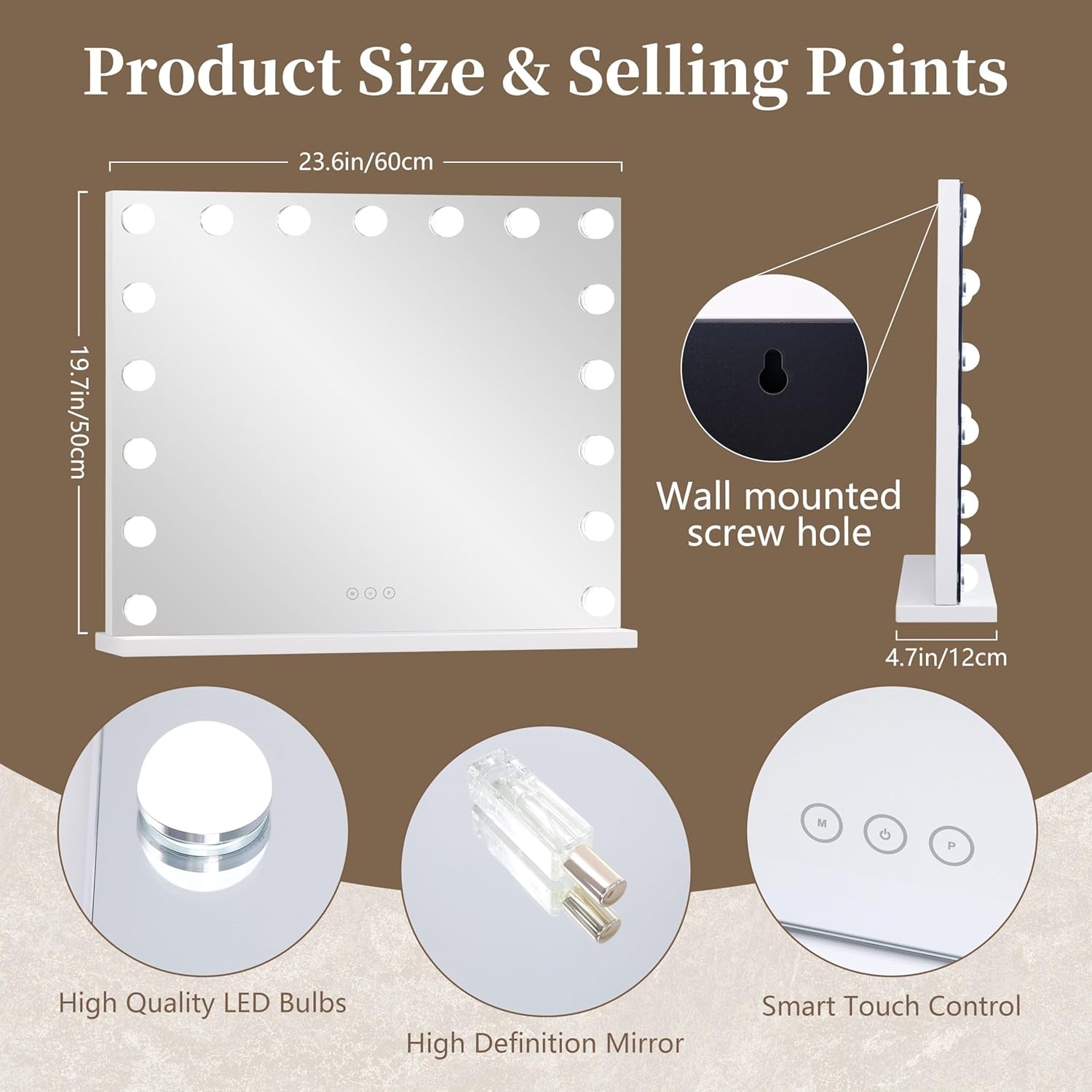 Vanity Mirror with Lights,Makeup Mirror with Lights with 17 Dimmable LED Bulbs, 3 Color Lighting Modes Detachable 10X Magnification Mirror Touch Control, 23.6X19,7 Inch, White