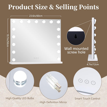 Vanity Mirror with Lights,Makeup Mirror with Lights with 17 Dimmable LED Bulbs, 3 Color Lighting Modes Detachable 10X Magnification Mirror Touch Control, 23.6X19,7 Inch, White